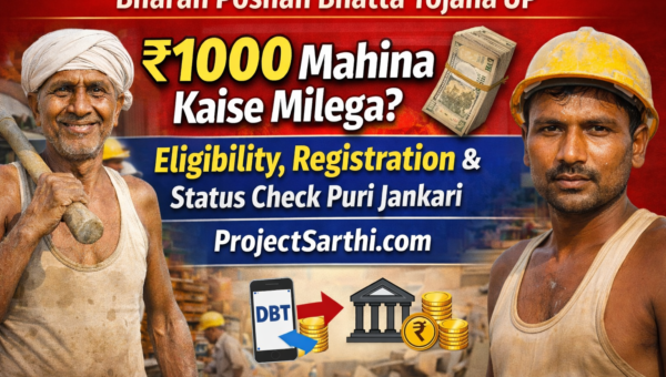 Bharan Poshan Bhatta Yojana UP ₹1000 mahina eligibility registration status check guide with labor workers image and ProjectSarthi branding