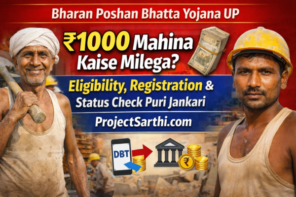 Bharan Poshan Bhatta Yojana UP ₹1000 mahina eligibility registration status check guide with labor workers image and ProjectSarthi branding