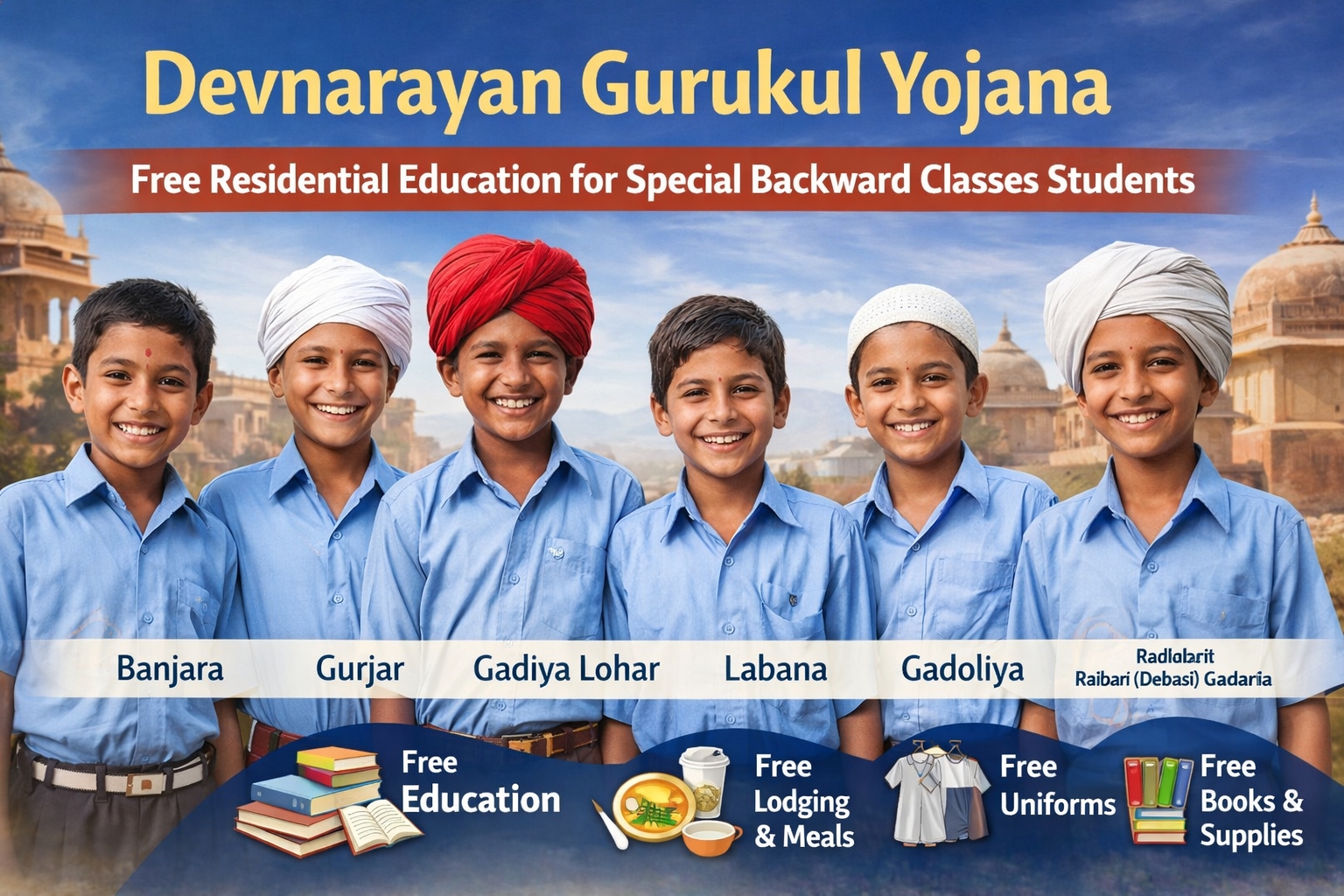 Devnarayan Gurukul Yojana 2026: Free Residential Education, Hostel & Meals for SBC Students in Rajasthan 1 Devnarayan Gurukul Yojana banner showing Rajasthan SBC students receiving free residential education, accommodation, meals, uniforms, and books under government scheme.