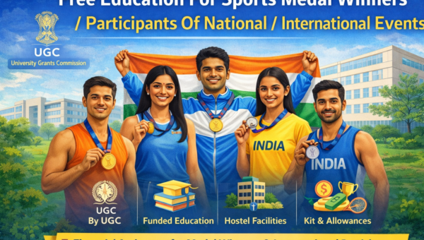 Promotional banner of UGC Free Education for Sports Medal Winners and National/International Participants scheme showing athletes with medals, university campus background, and benefits like tuition fee support, hostel facilities, and allowances.