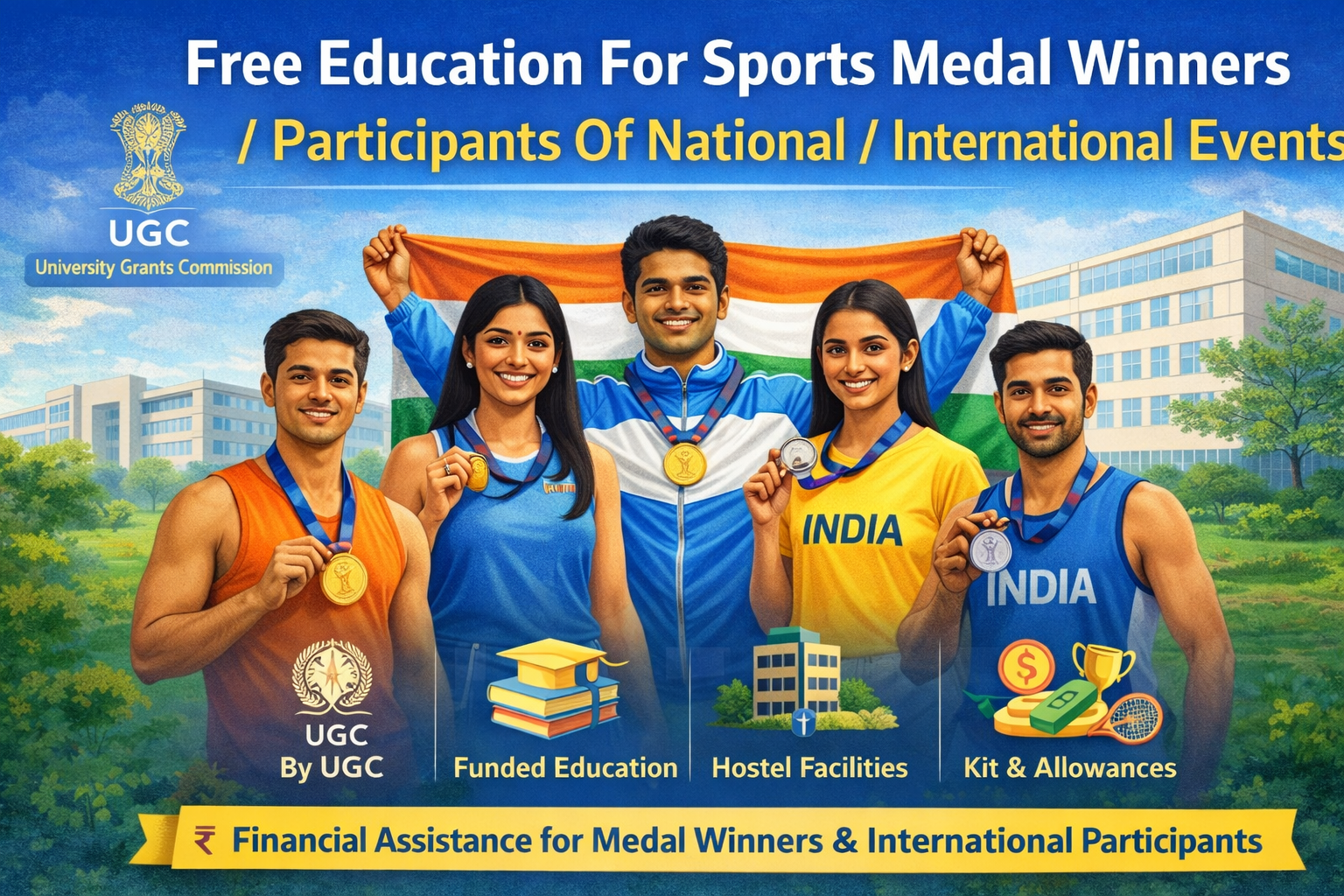 Free Education For Sports Medal Winners / Participants Of National/ International Events 1 Promotional banner of UGC Free Education for Sports Medal Winners and National/International Participants scheme showing athletes with medals, university campus background, and benefits like tuition fee support, hostel facilities, and allowances.