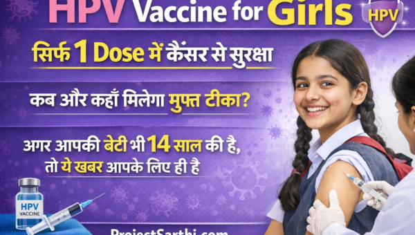 HPV Vaccine for Girls 2026 awareness poster showing a 14-year-old school girl receiving HPV vaccination injection with text about free Gardasil vaccine and cervical cancer protection in India.