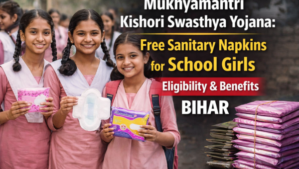 Mukhyamantri Kishori Swasthya Yojana image jisme school ki ladkiyon ko free sanitary napkin aur scheme ke benefits dikhaye gaye hain