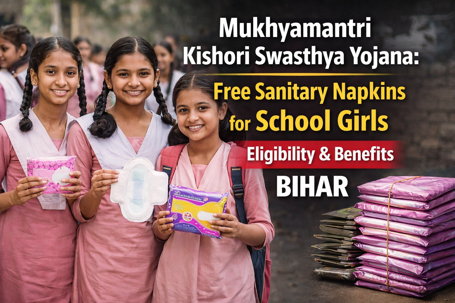 Mukhyamantri Kishori Swasthya Yojna: स्कूल की लड़कियों को मुफ्त सैनिटरी नैपकिन, पात्रता व लाभ 1 Mukhyamantri Kishori Swasthya Yojana image jisme school ki ladkiyon ko free sanitary napkin aur scheme ke benefits dikhaye gaye hain