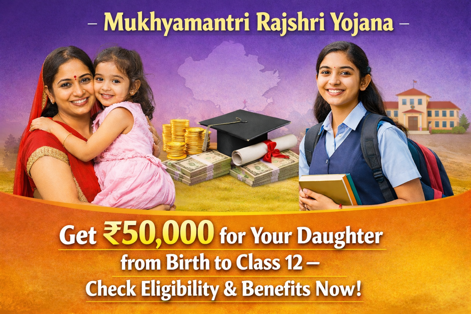 Mukhyamantri Rajshri Yojana: बेटियों को मिलेंगे ₹50,000, जानें पूरी जानकारी 1 Promotional banner of Mukhyamantri Rajshri Yojana Rajasthan showing mother and daughter with ₹50,000 financial assistance benefit from birth to Class 12 for girl child education.