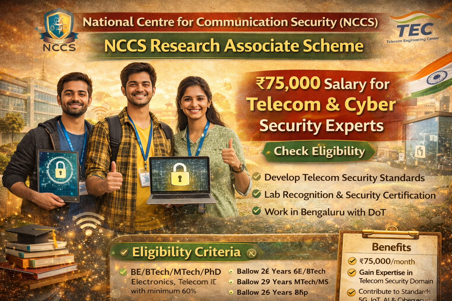 National Centre for Communication Security NCCS Research Associate Scheme: ₹75,000 Salary for Telecom & Cyber Security Experts – Check Eligibility 1 NCCS Research Associate Scheme banner showing 75000 salary for telecom and cyber security experts with eligibility and benefits details in Bengaluru.