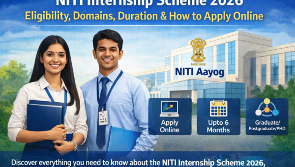 Promotional banner for NITI Internship Scheme 2026 highlighting eligibility for graduate, postgraduate, and PhD students, internship duration up to 6 months, and online application process at NITI Aayog.