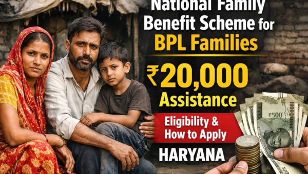 National Family Benefit Scheme Haryana realistic thumbnail showing 20000 rupees financial assistance for BPL families and application process after death of main earning member