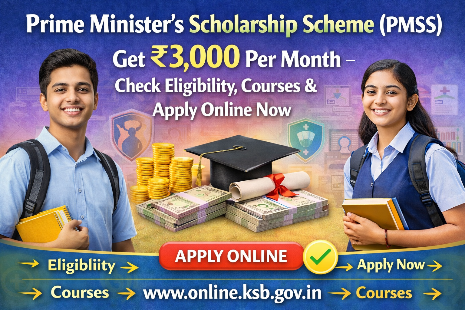 Prime Minister’s Scholarship Scheme (PMSS): Get ₹3,000 Per Month – Check Eligibility, Courses & Apply Online Now 1 Prime Minister’s Scholarship Scheme PMSS banner showing ₹3,000 per month scholarship amount with apply online details for wards of Ex-Servicemen through KSB website.