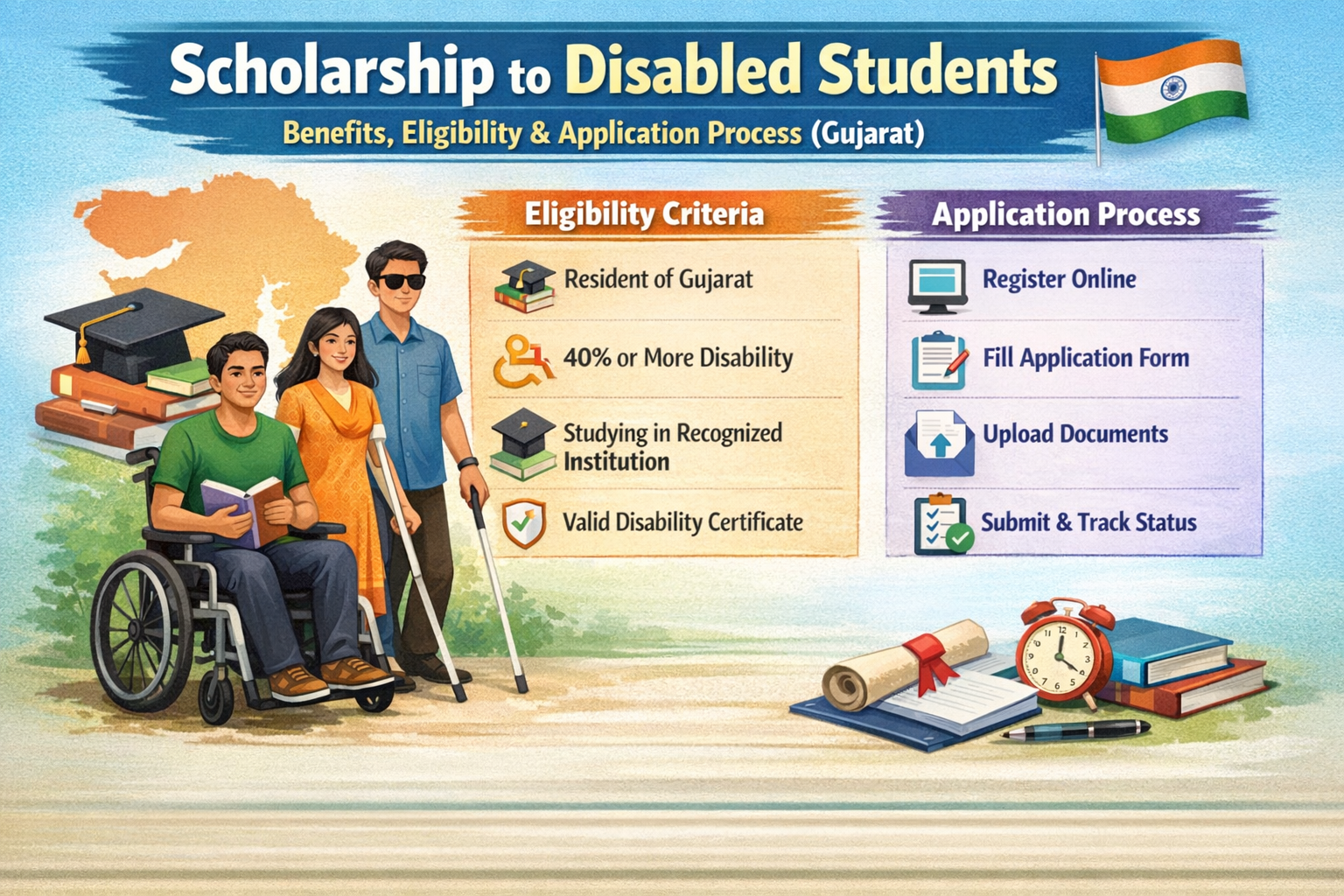 Scholarship to Disabled Students: Benefits, Eligibility & Application Process (Gujarat) 1 Scholarship to Disabled Students Gujarat infographic showing benefits, eligibility criteria like 40% disability, and online application process steps for students