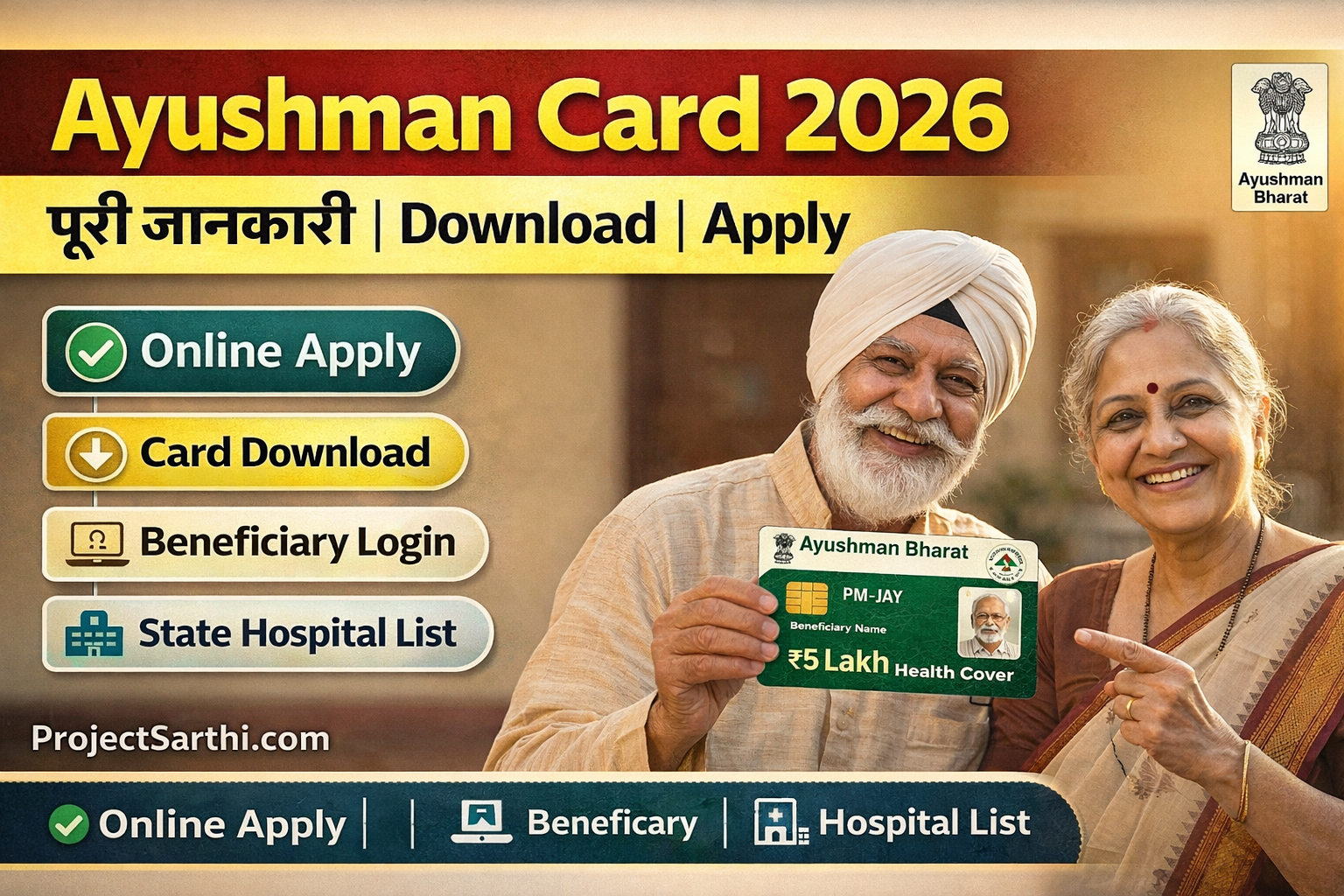 Ayushman Card 2026 thumbnail: download, apply online, beneficiary login, eKYC complete, ₹5 lakh health cover – ProjectSarthi.com