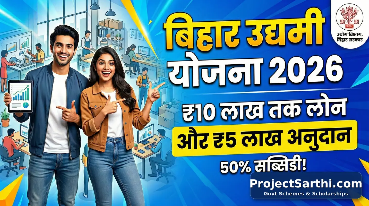 Bihar Udyami Yojana 2026 thumbnail – ₹10 lakh project support, ₹5 lakh anudan aur online apply details