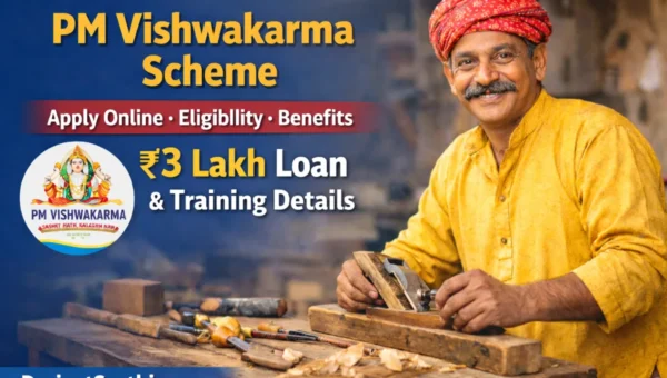 PM Vishwakarma Scheme 2026 artisan carpenter working with tools showcasing apply online eligibility benefits and 3 lakh loan training support