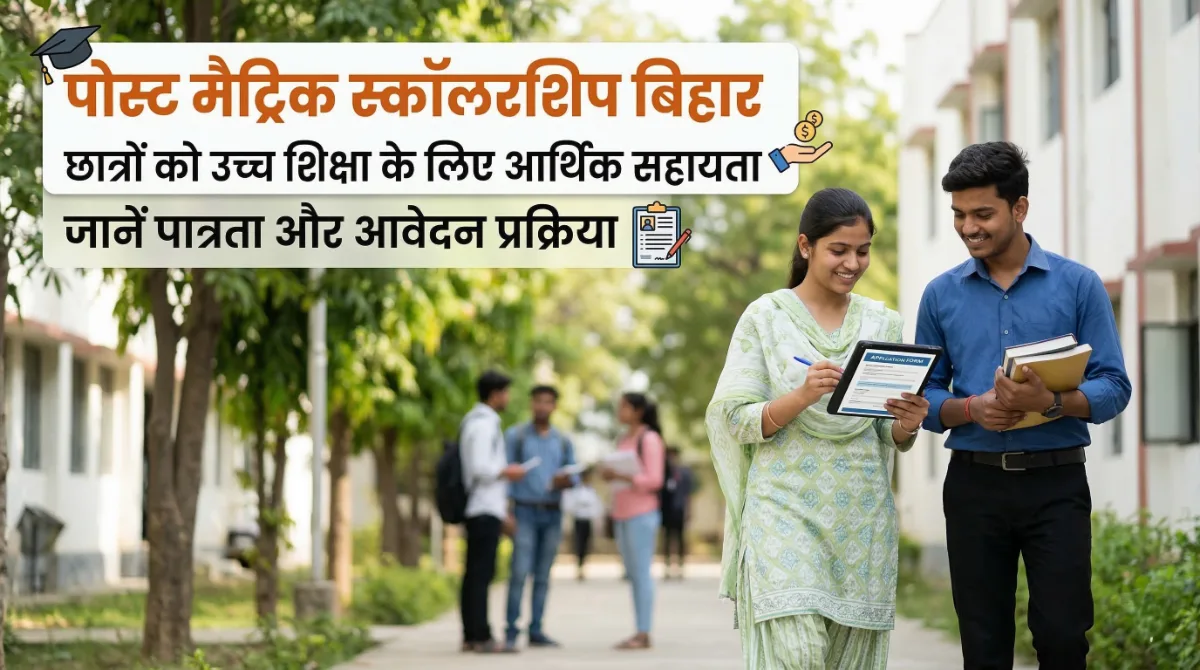 Post Matric Scholarship Bihar : छात्रों को उच्च शिक्षा के लिए आर्थिक सहायता, जानें पात्रता और आवेदन प्रक्रिया 1 Post Matric Scholarship Bihar banner showing students with books and information about financial assistance for higher education