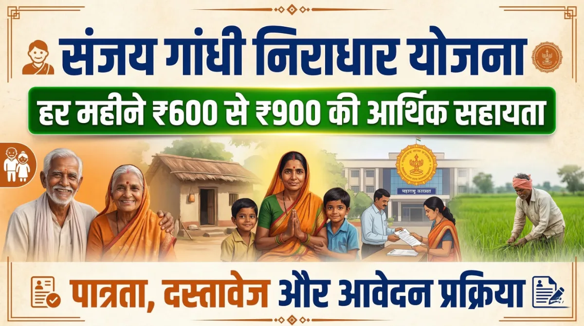 Sanjay Gandhi Niradhar Yojana: हर महीने ₹600 से ₹900 की आर्थिक सहायता, पात्रता, दस्तावेज और आवेदन प्रक्रिया 1 Sanjay Gandhi Niradhar Yojana scheme image showing ₹600 to ₹900 monthly financial assistance with eligibility, documents and application process details