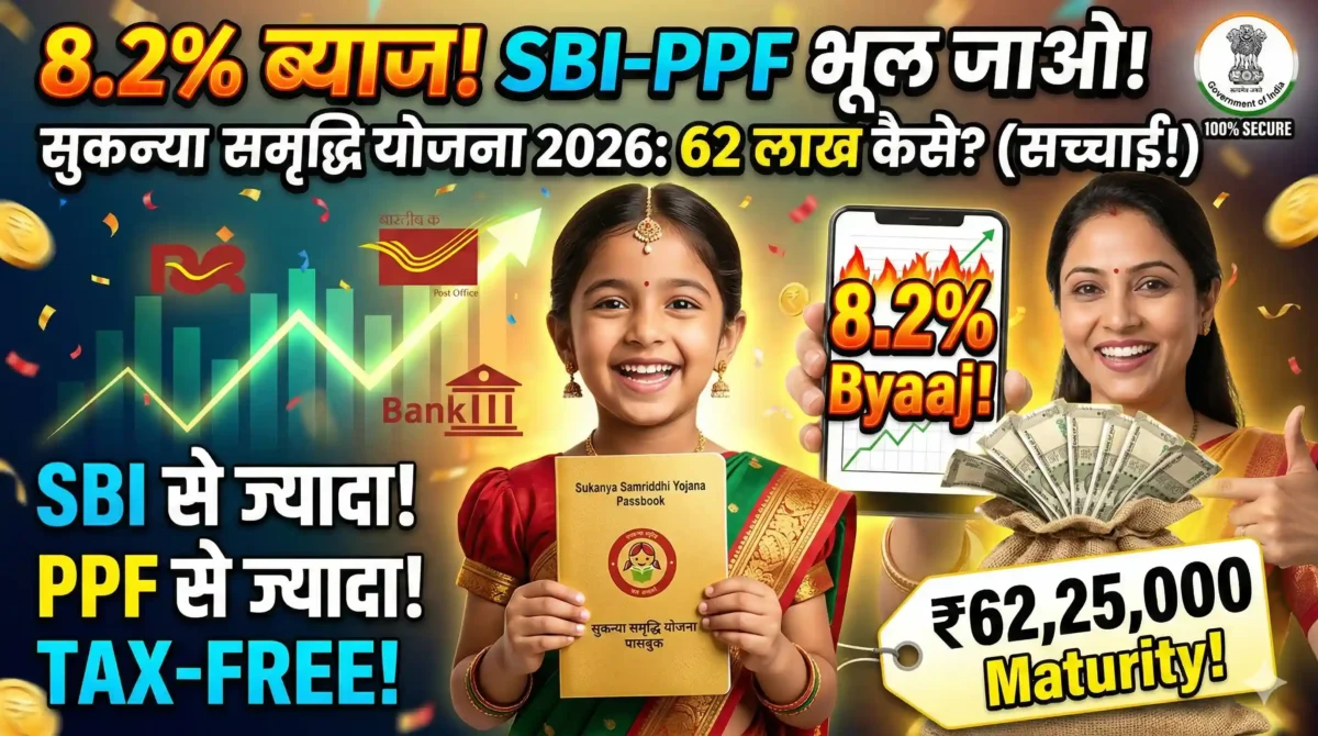 A detailed infographic thumbnail for Sukanya Samriddhi Account 2026. A smiling Indian mother and daughter hold an SSY passbook and a money sack.