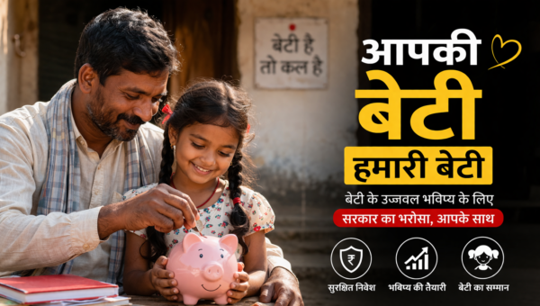 पिता अपनी बेटी के साथ बचत करते हुए, Aapki Beti Hamari Beti Scheme और बेटी के भविष्य की financial planning को दर्शाता featured image