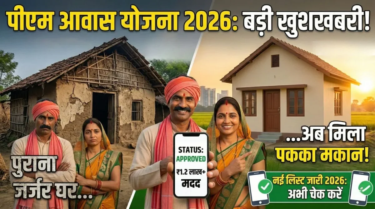 An infographic for "PM Awas Yojana List 2026" shows a before-and-after comparison. On the left, a run-down mud house with Hindi text "पुराना जर्जर घर..." (Old dilapidated house...). On the right, a new, modern pucca house with Hindi text "...अब मिला पक्का मकान!" (...Now got a pucca house!). A smiling couple in the center holds a smartphone displaying "STATUS: APPROVED" and "₹1.2 लाख+ मदद" (₹1.2 Lakh+ help). A top banner reads "पीएम आवास योजना 2026: बड़ी खुशखबरी!" (PM Awas Yojana 2026: Big Good News!). The bottom banner has "नई लिस्ट जारी 2026: अभी चेक करें" (New list released 2026: Check now). Logos for ProjectSarthi and Government of India are included. This image is designed to encourage users to check the new PMAY 2026 beneficiary list.