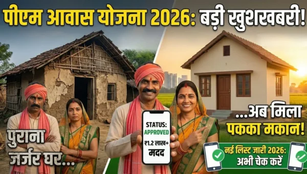 An infographic for "PM Awas Yojana List 2026" shows a before-and-after comparison. On the left, a run-down mud house with Hindi text "पुराना जर्जर घर..." (Old dilapidated house...). On the right, a new, modern pucca house with Hindi text "...अब मिला पक्का मकान!" (...Now got a pucca house!). A smiling couple in the center holds a smartphone displaying "STATUS: APPROVED" and "₹1.2 लाख+ मदद" (₹1.2 Lakh+ help). A top banner reads "पीएम आवास योजना 2026: बड़ी खुशखबरी!" (PM Awas Yojana 2026: Big Good News!). The bottom banner has "नई लिस्ट जारी 2026: अभी चेक करें" (New list released 2026: Check now). Logos for ProjectSarthi and Government of India are included. This image is designed to encourage users to check the new PMAY 2026 beneficiary list.