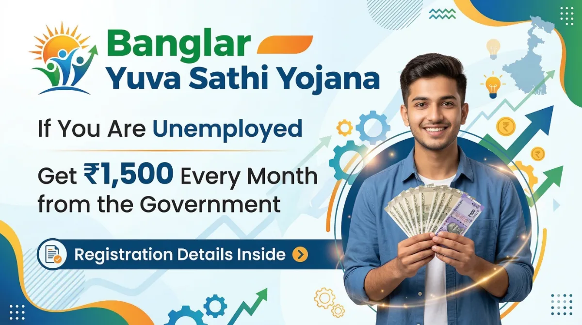 Banglar Yuva Sathi Yojana scheme showing unemployed youth receiving ₹1500 monthly financial assistance from West Bengal government