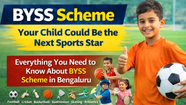 BYSS Scheme sports academy image showing children playing football, cricket, basketball and other sports in Bengaluru