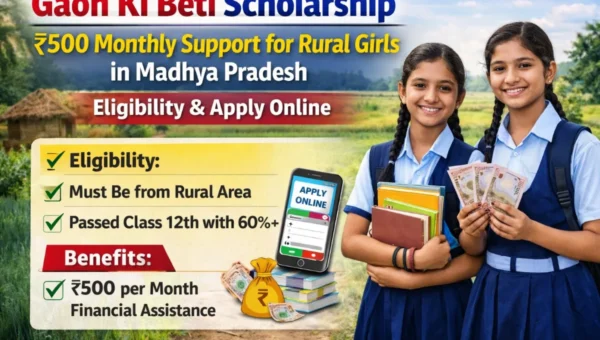 Gaon Ki Beti Scholarship image showing rural school girls with books and 500 rupees monthly financial support eligibility and apply online process