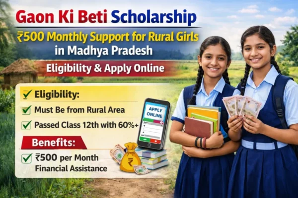 Gaon Ki Beti Scholarship image showing rural school girls with books and 500 rupees monthly financial support eligibility and apply online process
