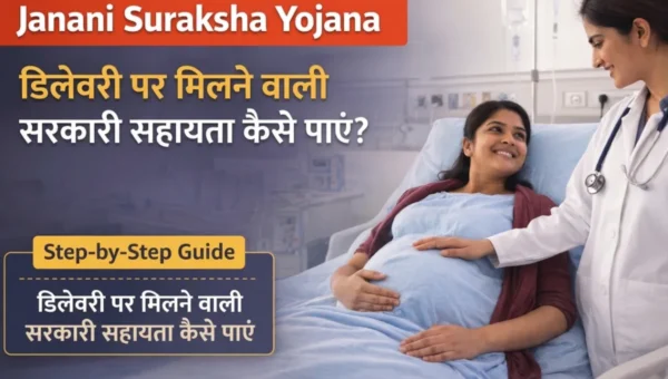 Janani Suraksha Yojana thumbnail showing pregnant woman in hospital with doctor and Hindi text about delivery assistance, eligibility and step by step guide