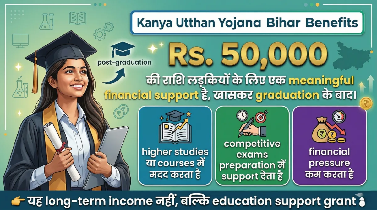 Kanya Utthan Yojana Bihar: Rs. 50,000 पाने का सही तरीका, जानें Eligibility, Apply Process, Verification System 2 Kanya Utthan Yojana Bihar benefits infographic showing Rs. 50000 financial support for girls after graduation including higher studies, competitive exams and reducing financial pressure