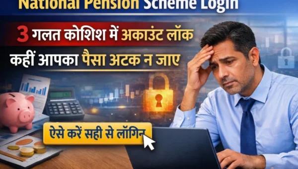 NPS login portal 2026 account lock after 3 wrong attempts worried man using laptop pension scheme login issue India