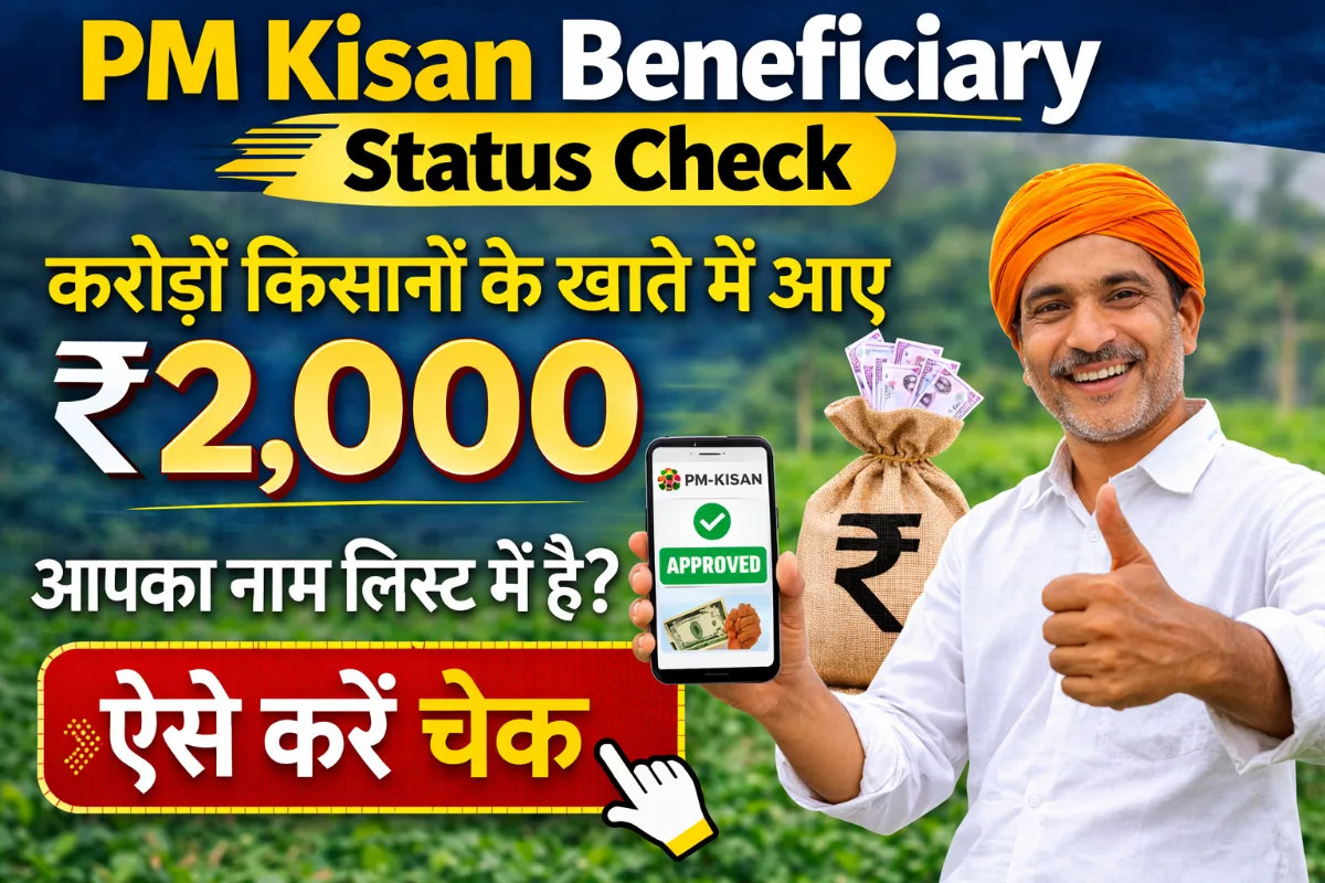 PM Kisan Beneficiary Status 2026: पैसा आया या नहीं? ऐसे चेक करें मिनटों में 1 PM Kisan Beneficiary Status Check image showing ₹2,000 payment for farmers and how to check name in PM Kisan beneficiary list