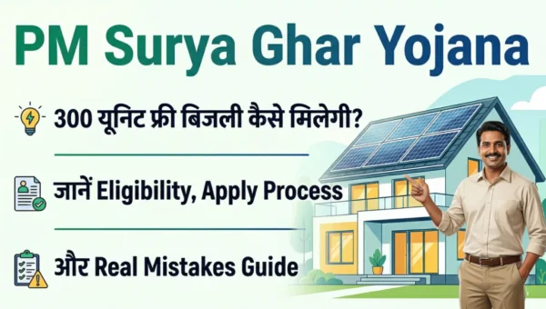 PM Surya Ghar Yojana thumbnail showing house with rooftop solar panels and a smiling man explaining 300 unit free electricity eligibility and apply process in Hindi