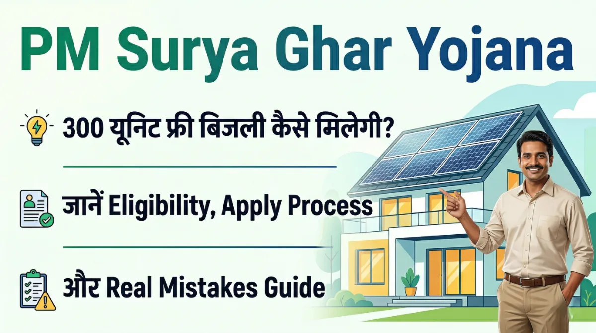 PM Surya Ghar Yojana thumbnail showing house with rooftop solar panels and a smiling man explaining 300 unit free electricity eligibility and apply process in Hindi