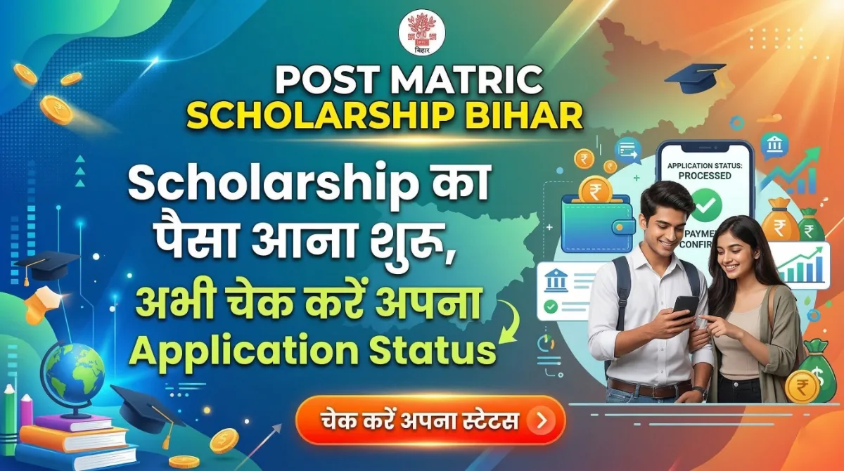 Post Matric Scholarship Bihar payment update image showing students and application status check button for scholarship beneficiaries