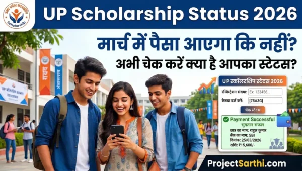 UP Scholarship Status 2026 check page showing registration number and captcha box with payment successful message and students checking scholarship status online.