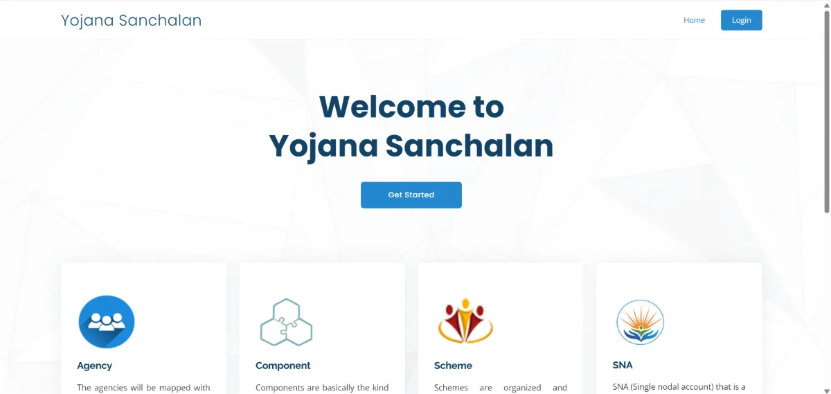 Yojana Sanchalan Portal Rajasthan login dashboard showing welcome screen, agency, component, scheme and SNA modules interface