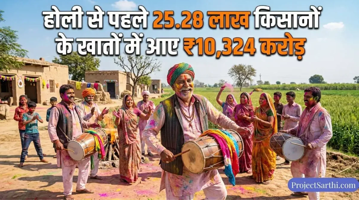 कृषक उन्नति योजना 2026: एक भारतीय किसान परिवार और ग्रामीण समुदाय खेतों के पास ढोल-नगाड़ों और रंगों के साथ होली मनाते हुए।