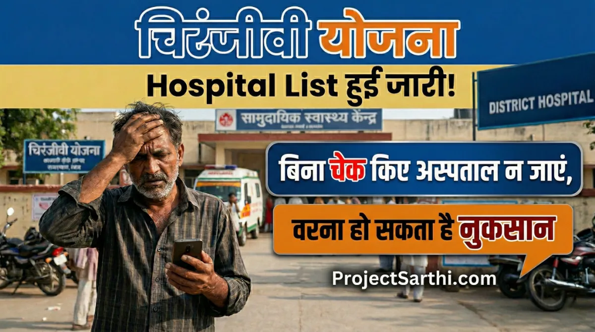 चिरंजीवी योजना Hospital List banner showing worried man checking hospital status before treatment with alert message about verifying hospital list