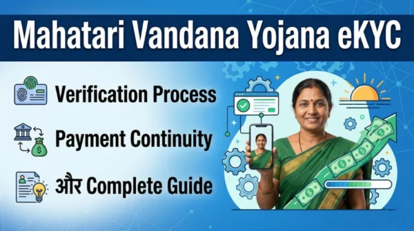 Mahatari Vandana Yojana eKYC: Verification Process, Payment और Complete Guide 2 Mahatari Vandana Yojana eKYC Chhattisgarh verification process and payment continuity guide showing woman holding phone and digital verification icons